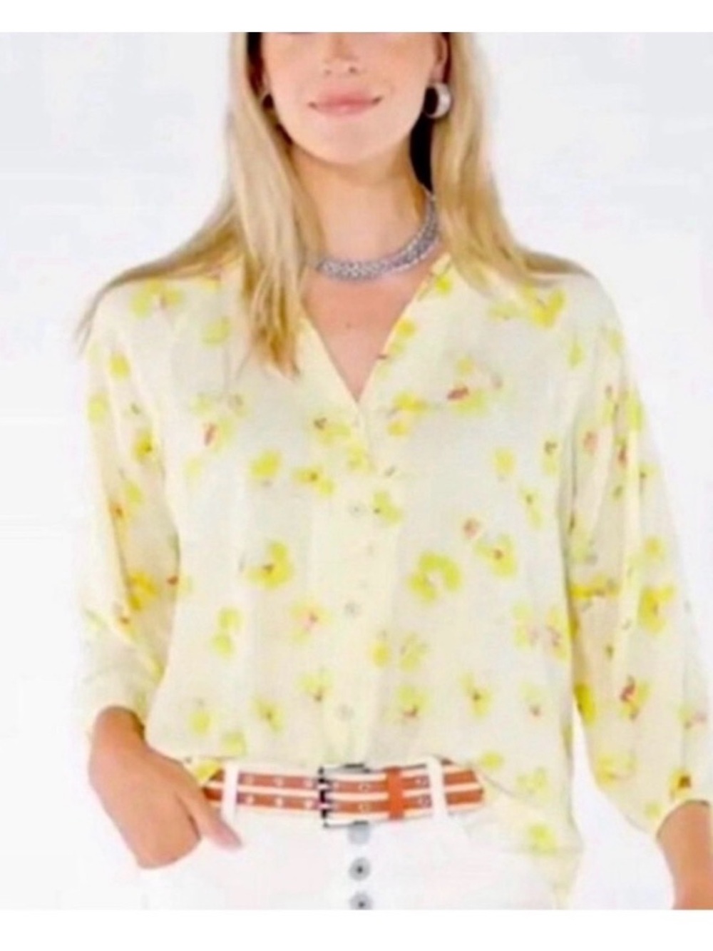 CAbi Pale Yellow Floral Button-Down Blouse